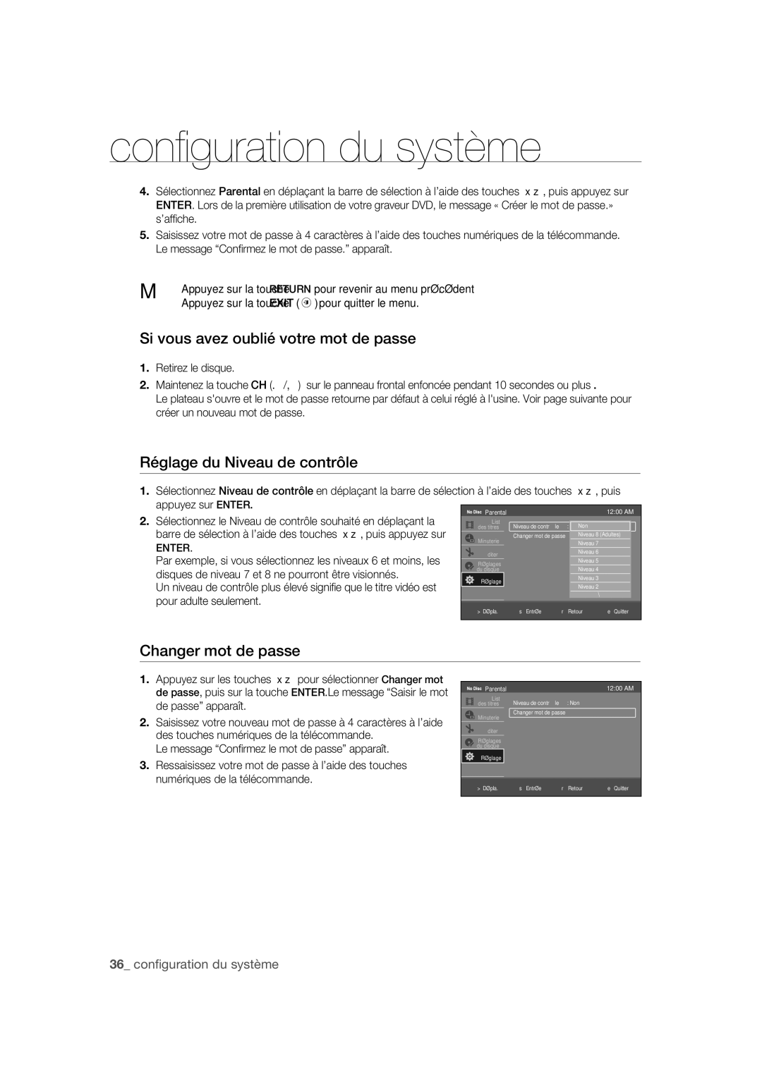 Samsung DVD-R170 user manual Si vous avez oublié votre mot de passe, Réglage du Niveau de contrôle, Changer mot de passe 