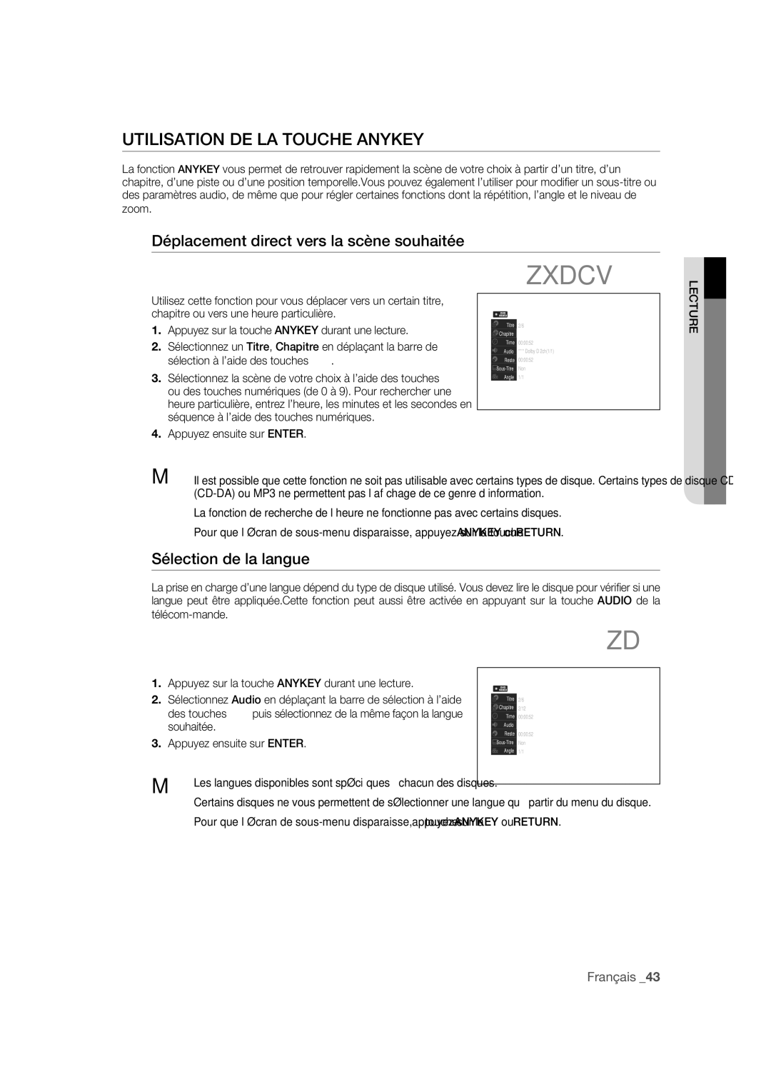 Samsung DVD-R170 Utilisation DE LA Touche Anykey, Déplacement direct vers la scène souhaitée, Sélection de la langue 