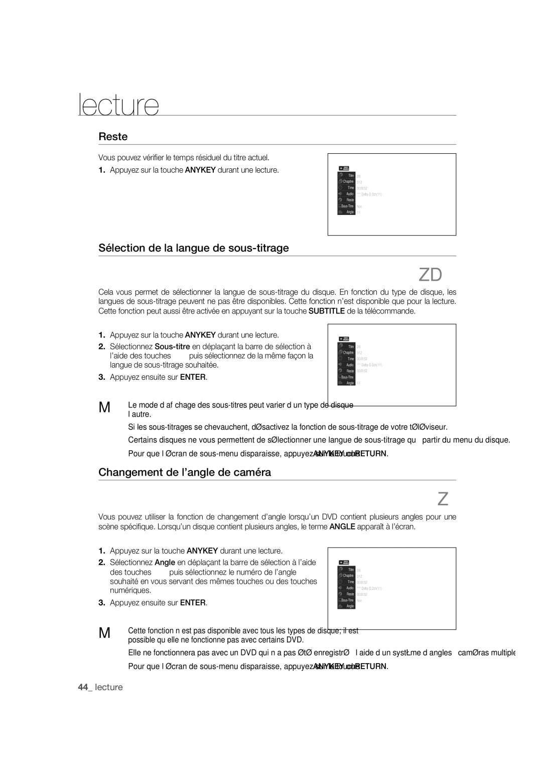 Samsung DVD-R170 user manual Reste, Sélection de la langue de sous-titrage, Changement de l’angle de caméra, Numériques 