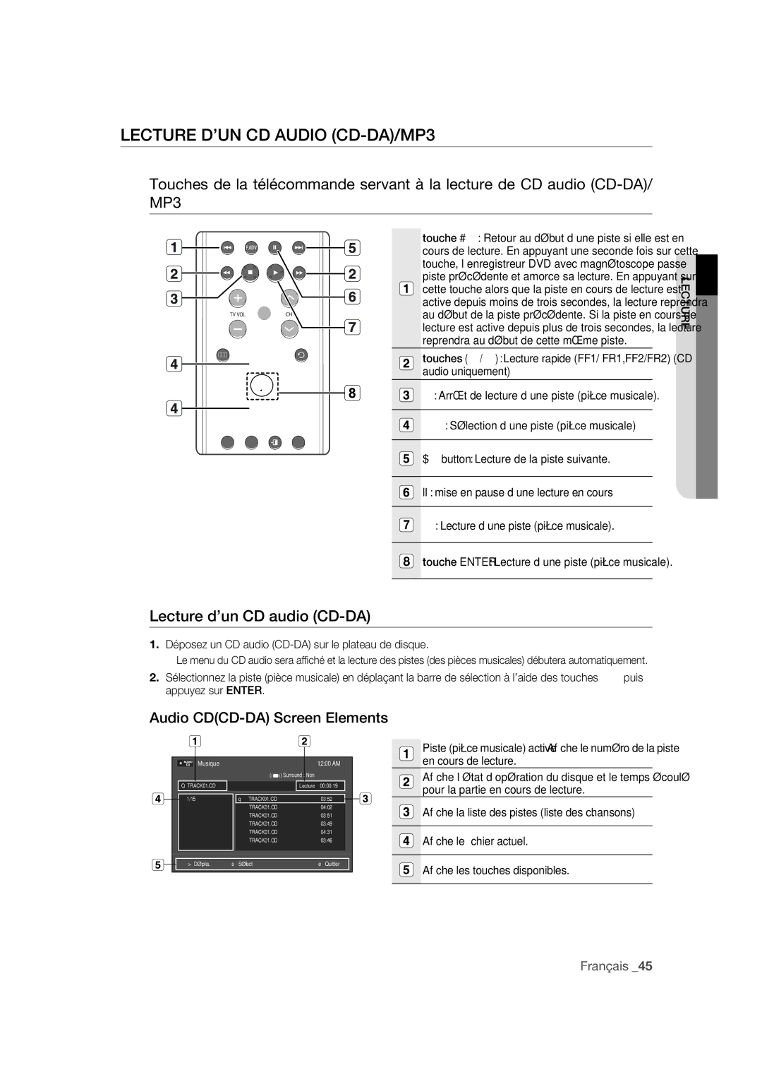 Samsung DVD-R170 user manual Lecture D’UN CD Audio CD-DA/MP3, Lecture d’un CD audio CD-DA, Audio CDCD-DA Screen Elements 