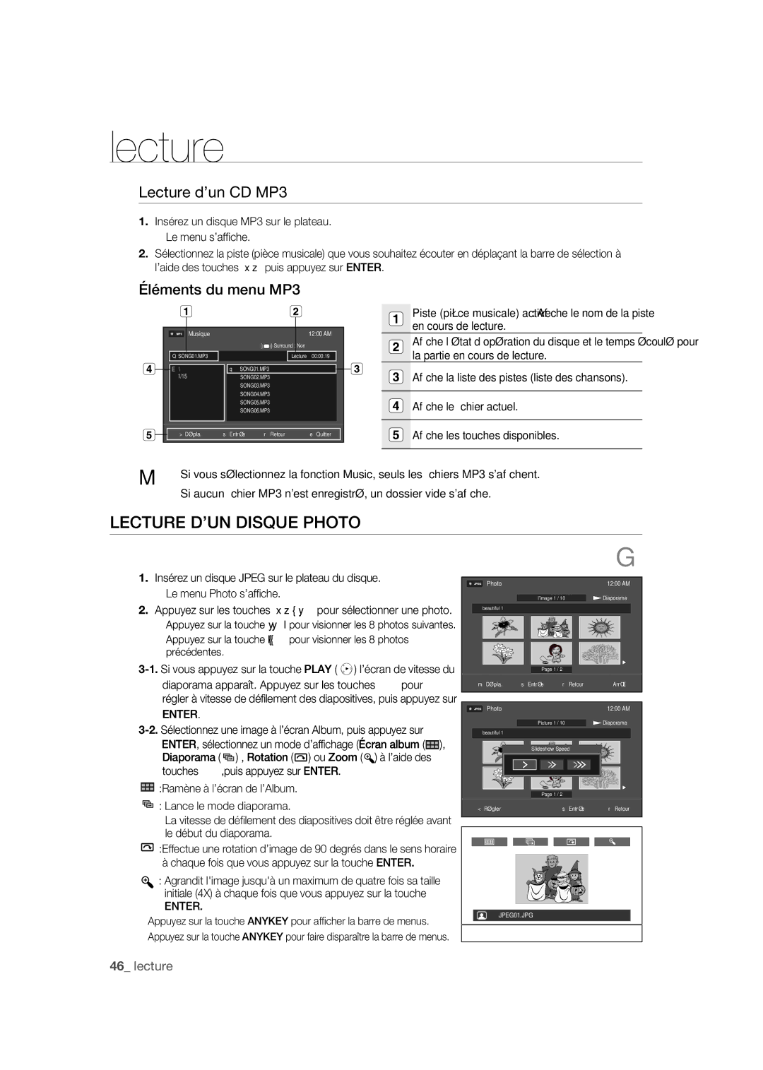 Samsung DVD-R170 user manual Lecture D’UN Disque Photo, Lecture d’un CD MP3, Éléments du menu MP3 