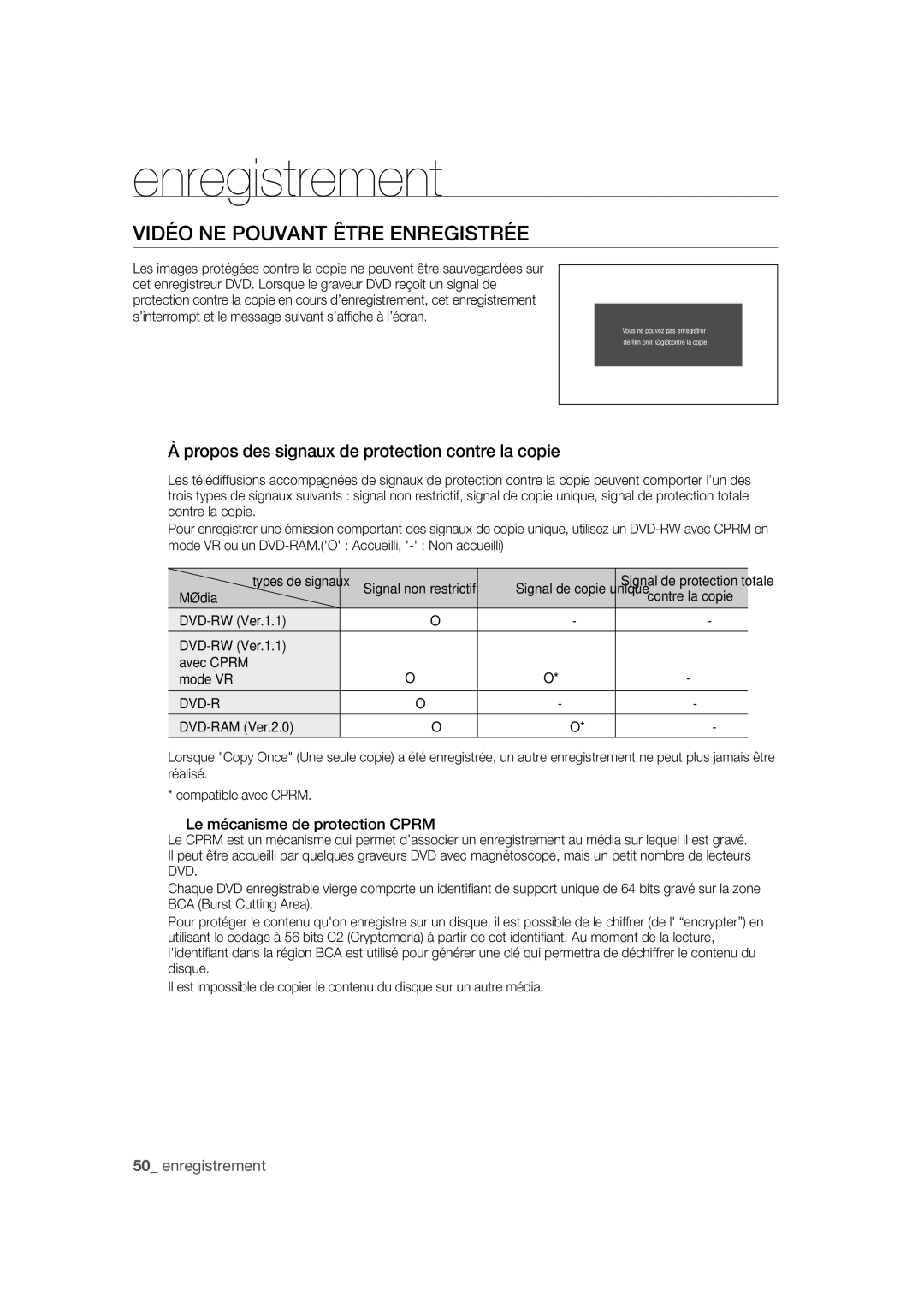 Samsung DVD-R170 user manual Vidéo NE Pouvant Être Enregistrée, Propos des signaux de protection contre la copie, Média 