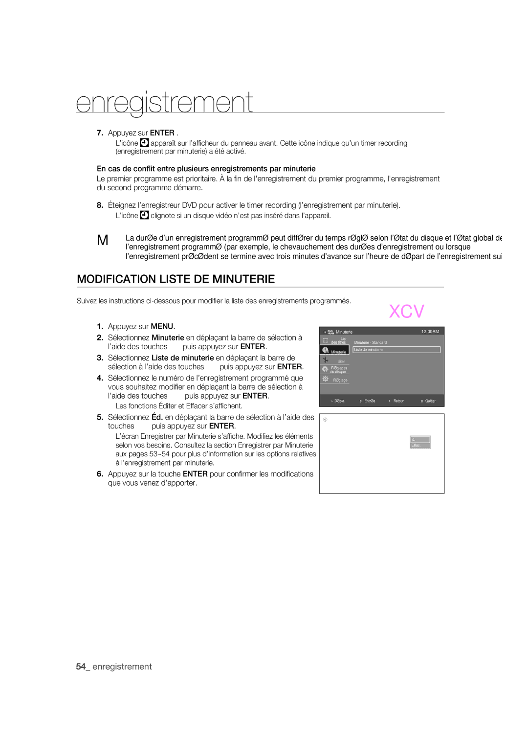 Samsung DVD-R170 user manual Modification Liste DE Minuterie, Appuyez sur Menu, List de minuterie 1200 AM 