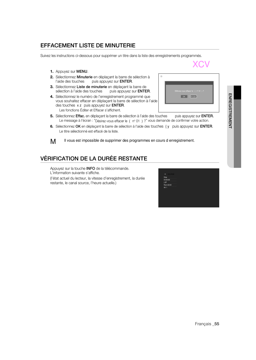 Samsung DVD-R170 user manual Effacement Liste DE Minuterie, Vérification DE LA Durée Restante 