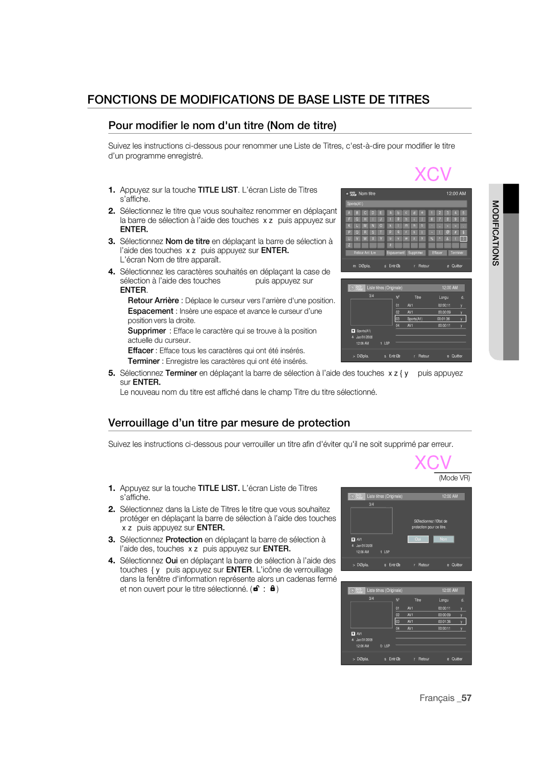 Samsung DVD-R170 user manual Fonctions DE Modifications DE Base Liste DE Titres, Pour modiﬁer le nom dun titre Nom de titre 