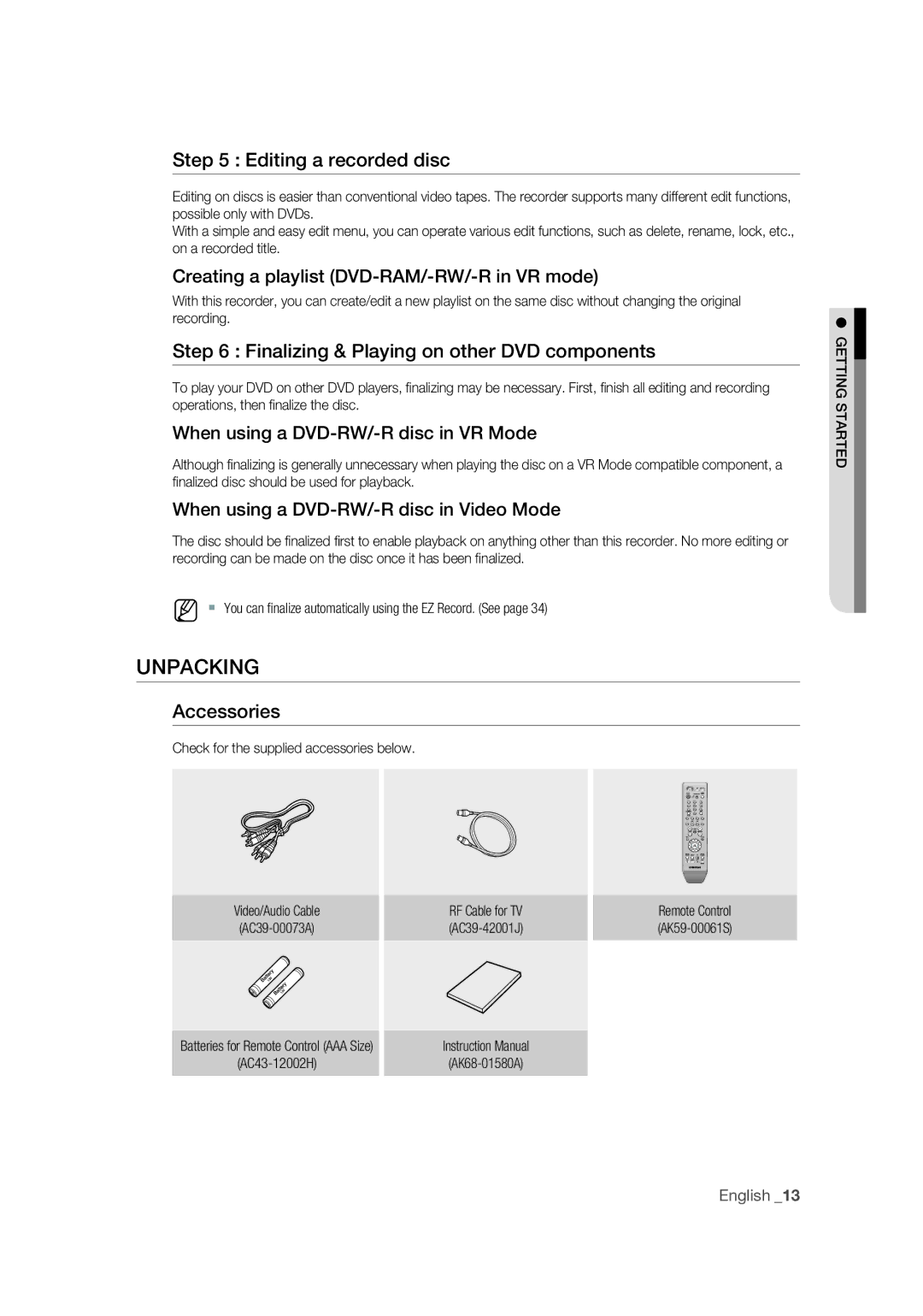 Samsung DVD-R170 user manual Unpacking 