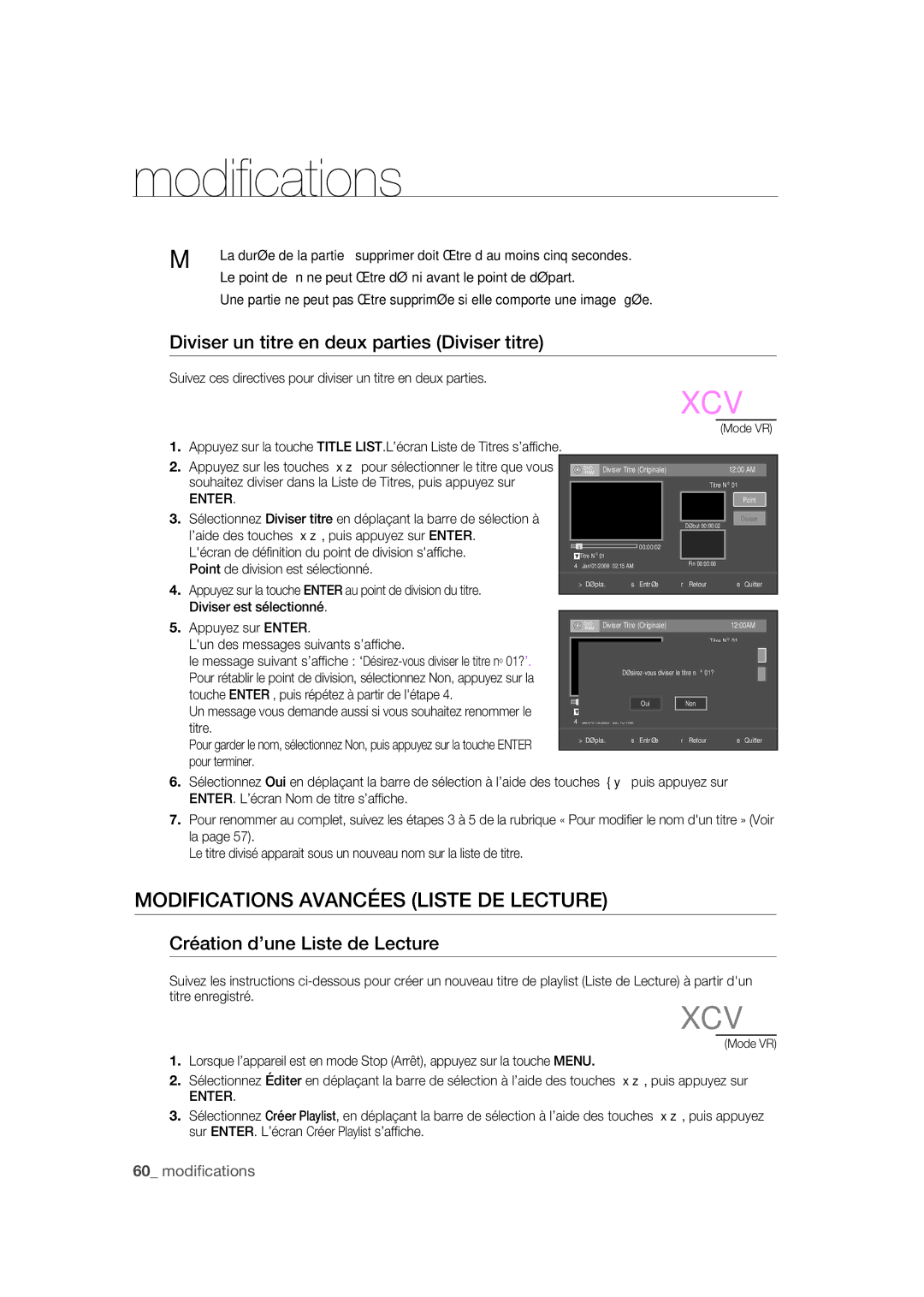 Samsung DVD-R170 user manual Modifications Avancées Liste DE Lecture, Diviser un titre en deux parties Diviser titre 