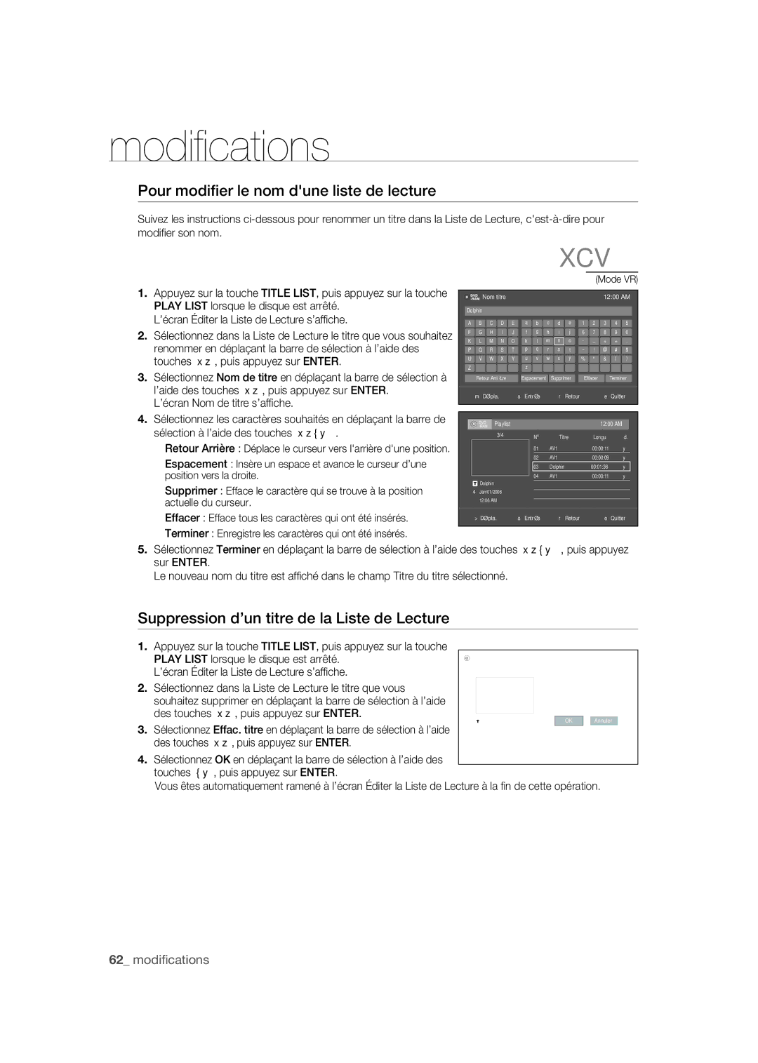 Samsung DVD-R170 user manual Pour modiﬁer le nom dune liste de lecture, Suppression d’un titre de la Liste de Lecture 