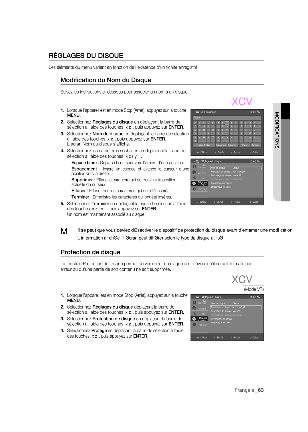 Samsung DVD-R170 user manual Réglages DU Disque, Modiﬁcation du Nom du Disque, Protection de disque, Mode VR 