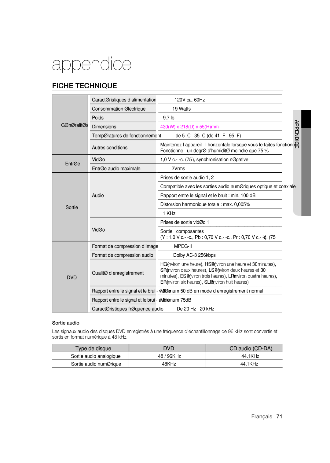 Samsung DVD-R170 user manual Fiche Technique, Type de disque, CD audio CD-DA 