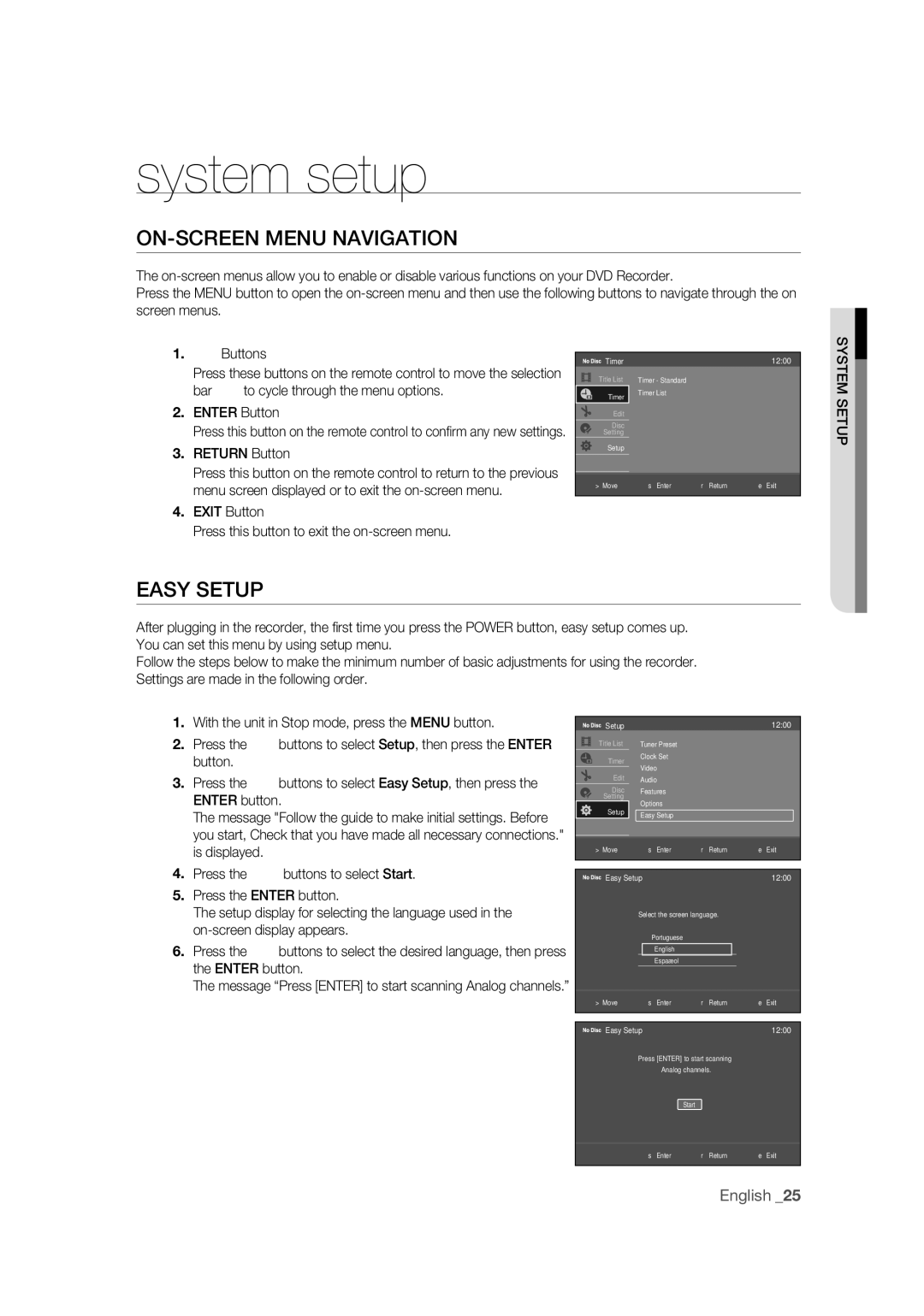 Samsung DVD-R170 user manual ON-SCREEN Menu Navigation, Easy Setup, Return Button 