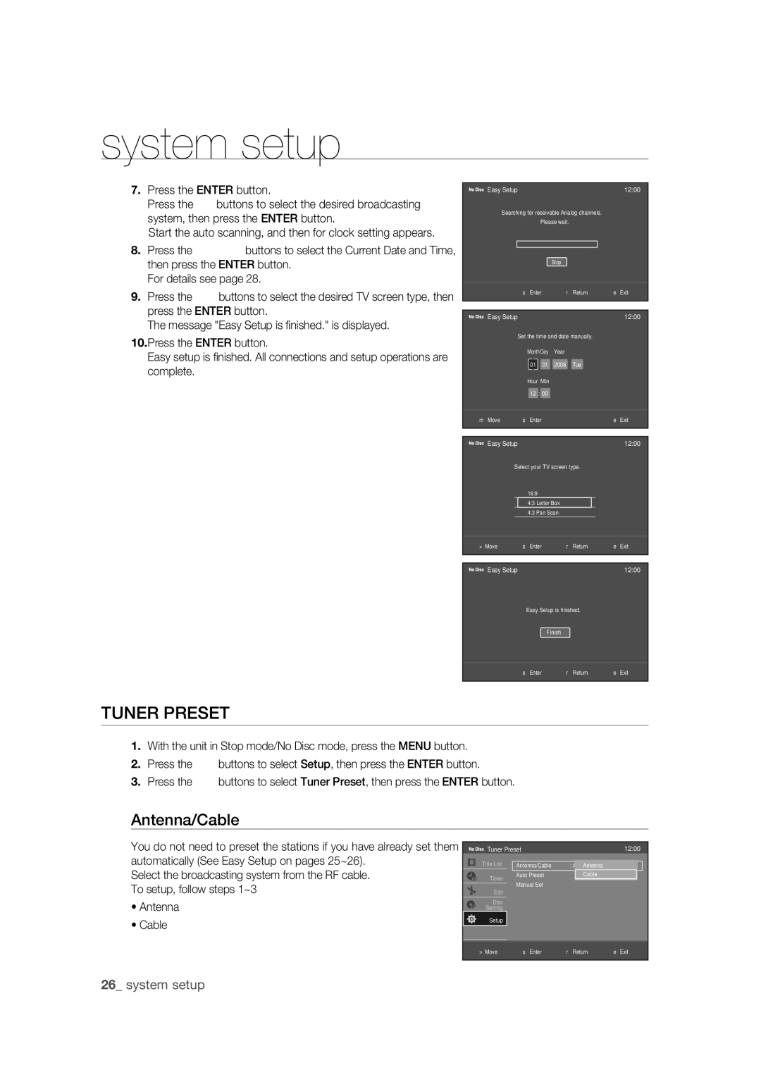 Samsung DVD-R170 user manual Tuner Preset, Antenna/Cable 