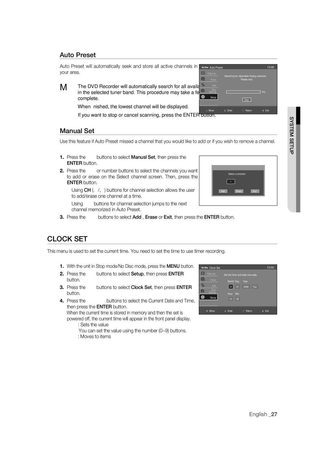 Samsung DVD-R170 user manual Clock SET, Auto Preset, Manual Set, To add or erase on the Select channel screen. Then, press 