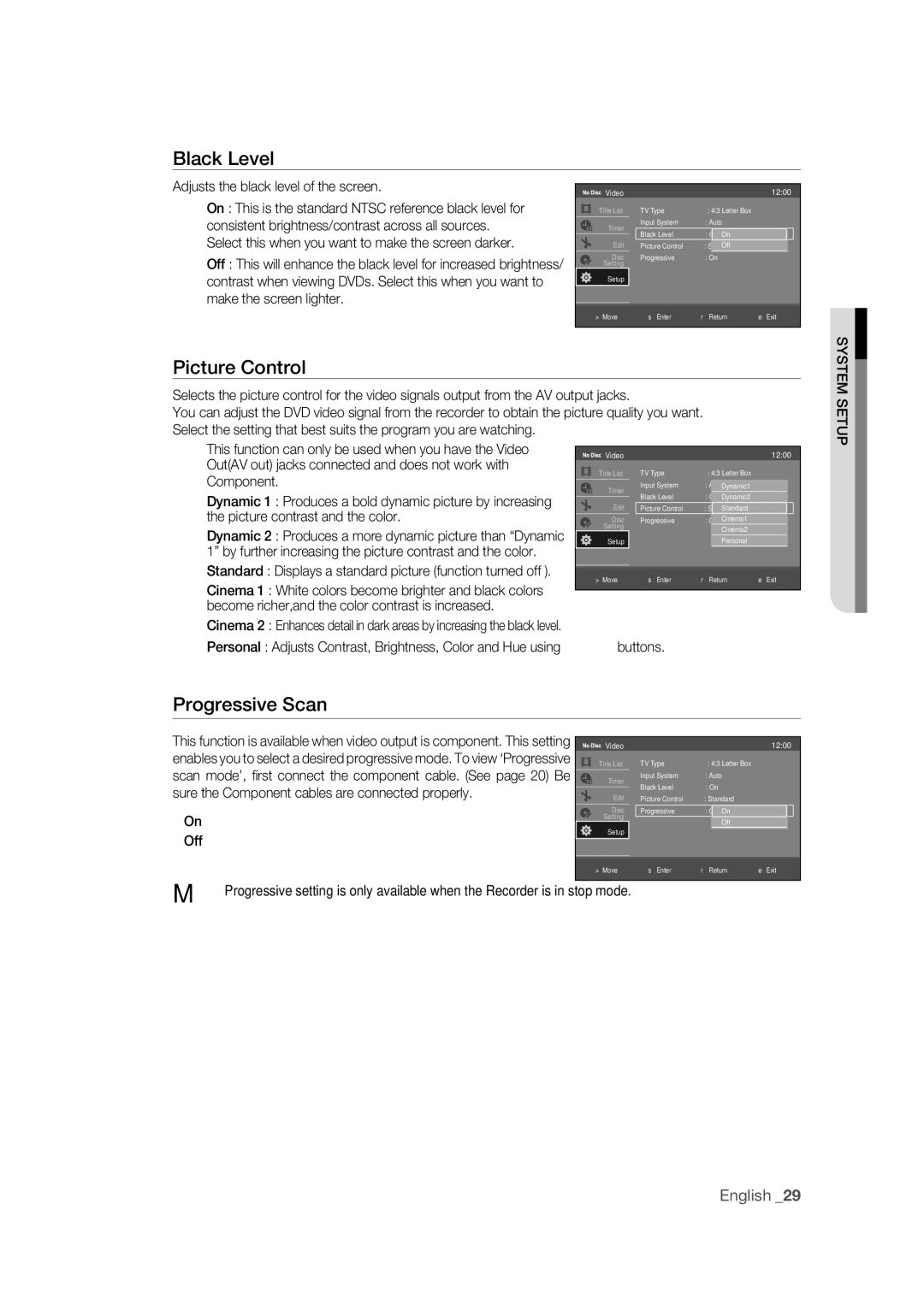 Samsung DVD-R170 user manual Black Level, Picture Control, Adjusts the black level of the screen, Off 