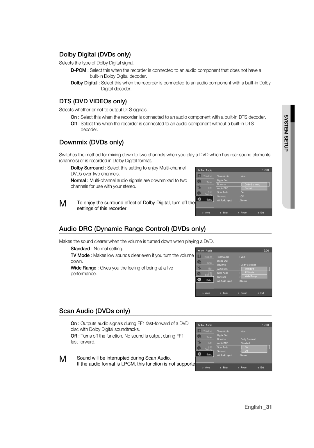 Samsung DVD-R170 user manual Dolby Digital DVDs only, DTS DVD VIDEOs only, Downmix DVDs only, Scan Audio DVDs only 