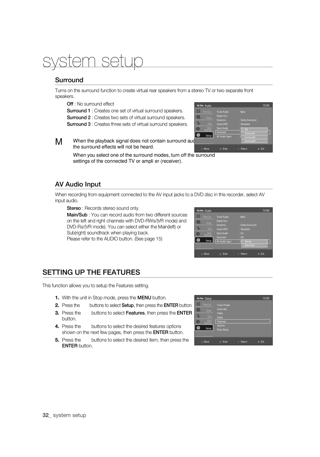 Samsung DVD-R170 user manual Setting UP the Features, Surround, AV Audio Input, Please refer to the Audio button. See 