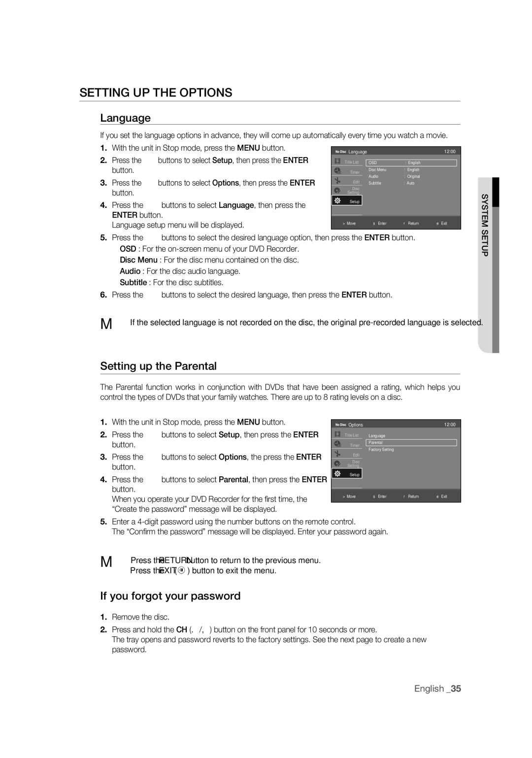 Samsung DVD-R170 user manual Setting UP the Options, Language, Setting up the Parental, If you forgot your password 