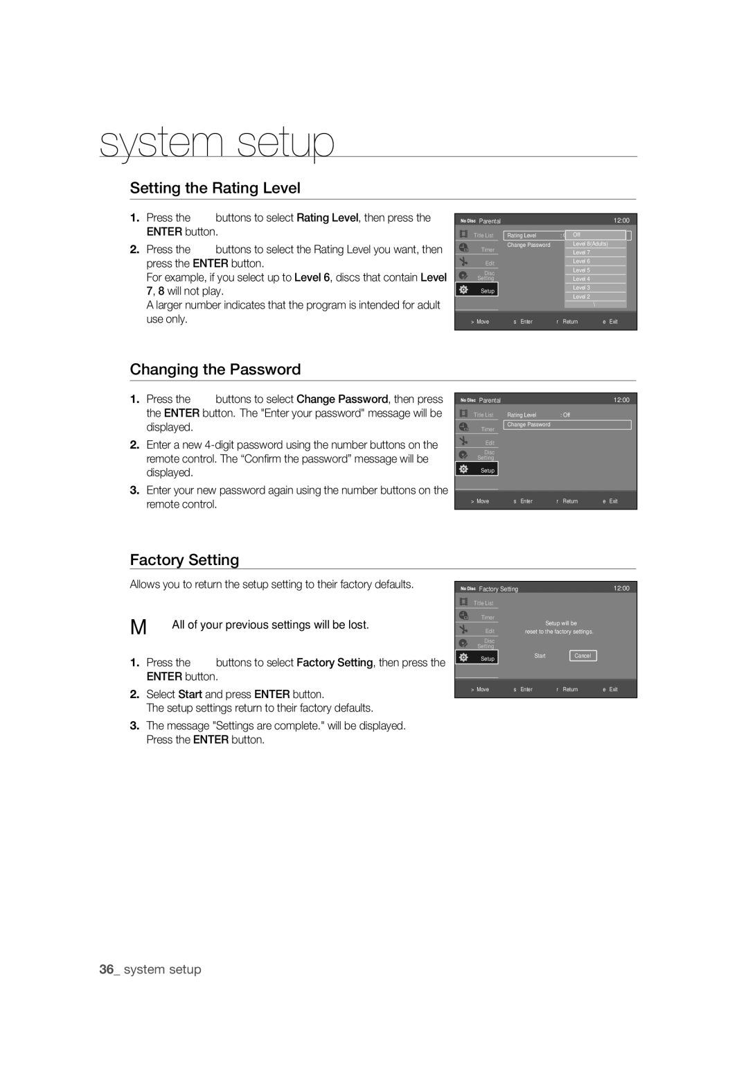 Samsung DVD-R170 user manual Setting the Rating Level, Changing the Password, Factory Setting 