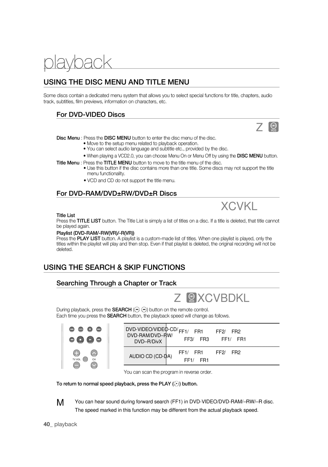 Samsung DVD-R170 user manual Using the Disc Menu and Title Menu, Using the Search & Skip Functions, For DVD-VIDEO Discs 