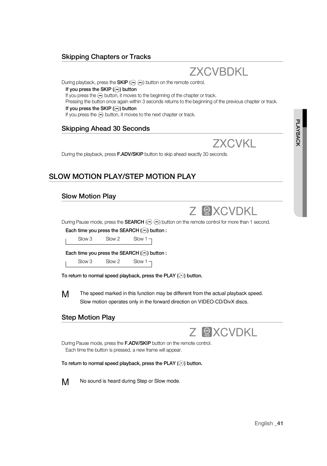 Samsung DVD-R170 user manual Slow Motion PLAY/STEP Motion Play, Skipping Chapters or Tracks, Skipping Ahead 30 Seconds 