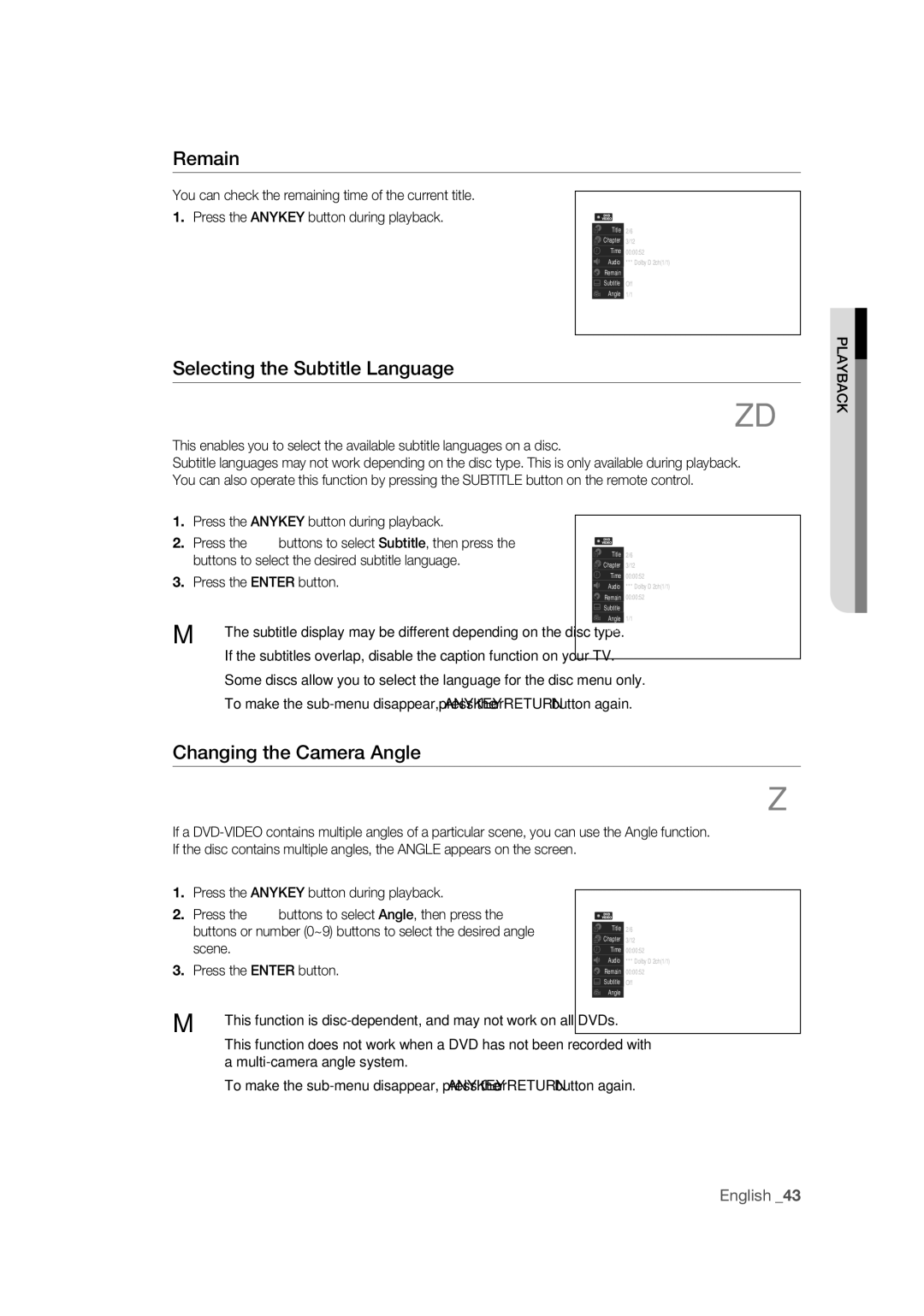 Samsung DVD-R170 user manual Remain, Selecting the Subtitle Language, Changing the Camera Angle 