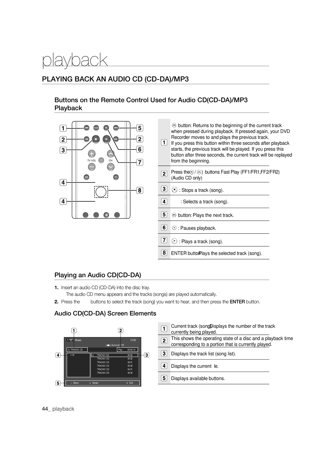 Samsung DVD-R170 user manual Playing Back AN Audio CD CD-DA/MP3, Playing an Audio CDCD-DA, Audio CDCD-DA Screen Elements 