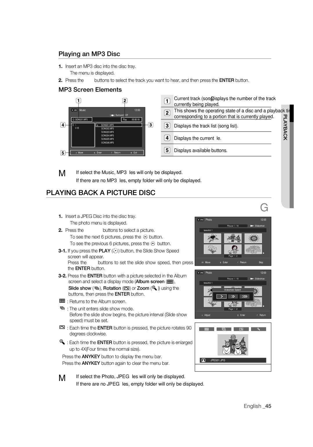 Samsung DVD-R170 user manual Playing Back a Picture Disc, Playing an MP3 Disc, MP3 Screen Elements 