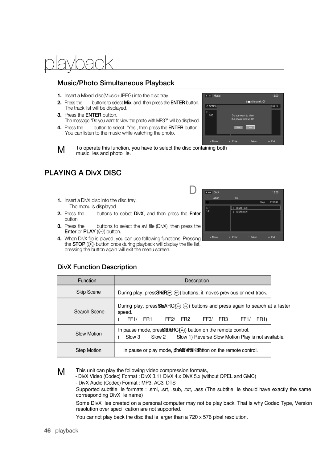 Samsung DVD-R170 user manual Music/Photo Simultaneous Playback, DivX Function Description, Speed  FF1/ FR1,  Slow 