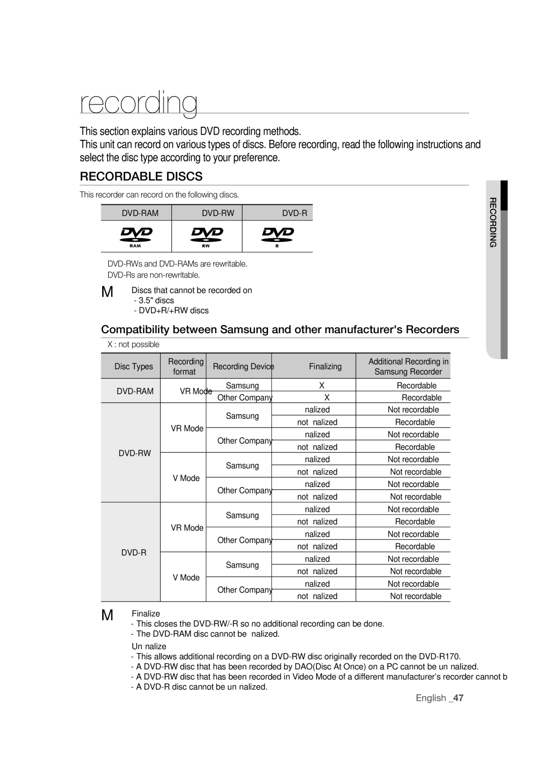 Samsung DVD-R170 user manual Recordable Discs, Dvd-Ram Dvd-Rw, Recording 