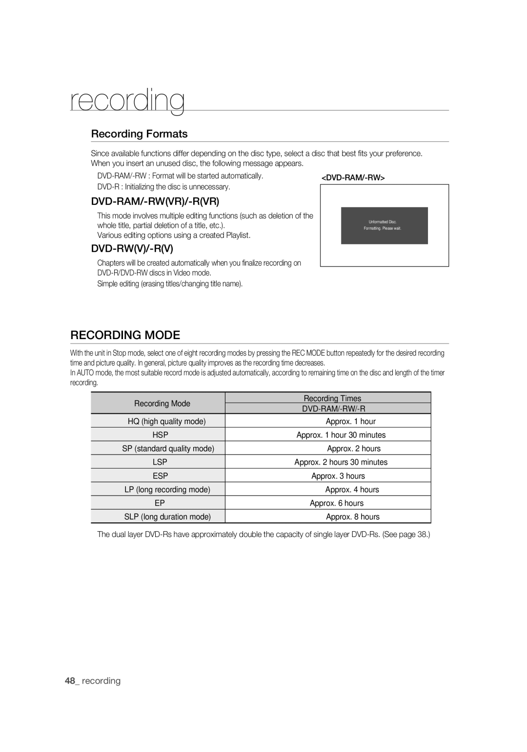 Samsung DVD-R170 user manual Recording Mode, Recording Formats, Whole title, partial deletion of a title, etc 