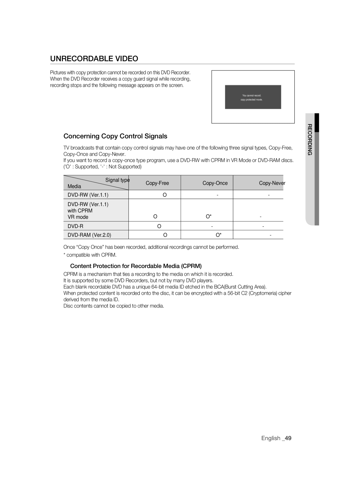 Samsung DVD-R170 Unrecordable Video, Concerning Copy Control Signals, Content Protection for Recordable Media Cprm, Dvd-R 