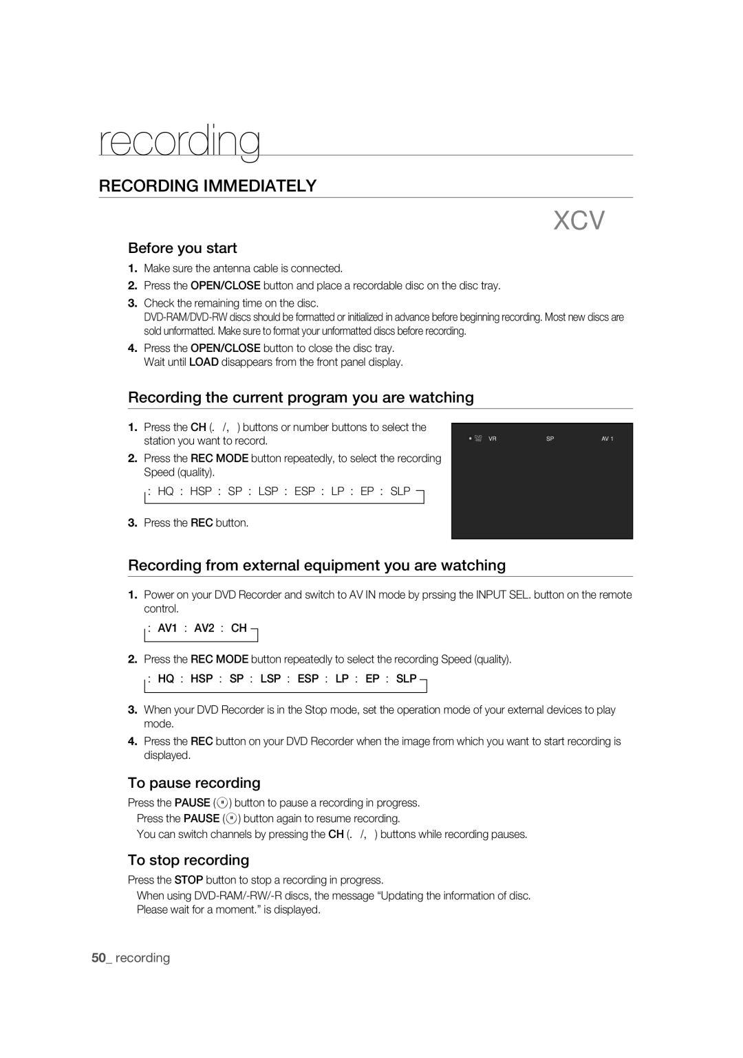 Samsung DVD-R170 user manual Recording Immediately 