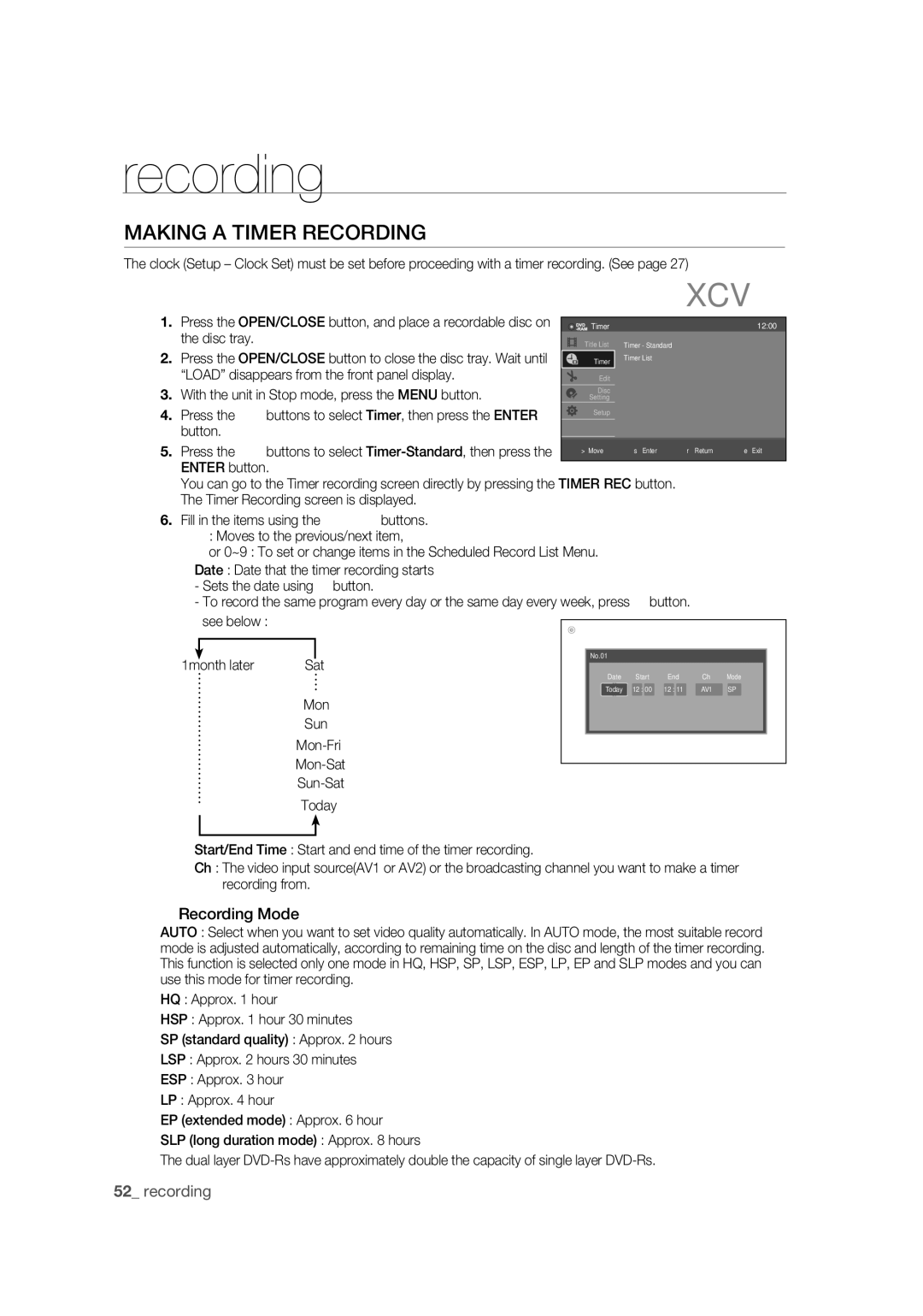 Samsung DVD-R170 Making a Timer Recording, Recording Mode, Disc tray, Load disappears from the front panel display 