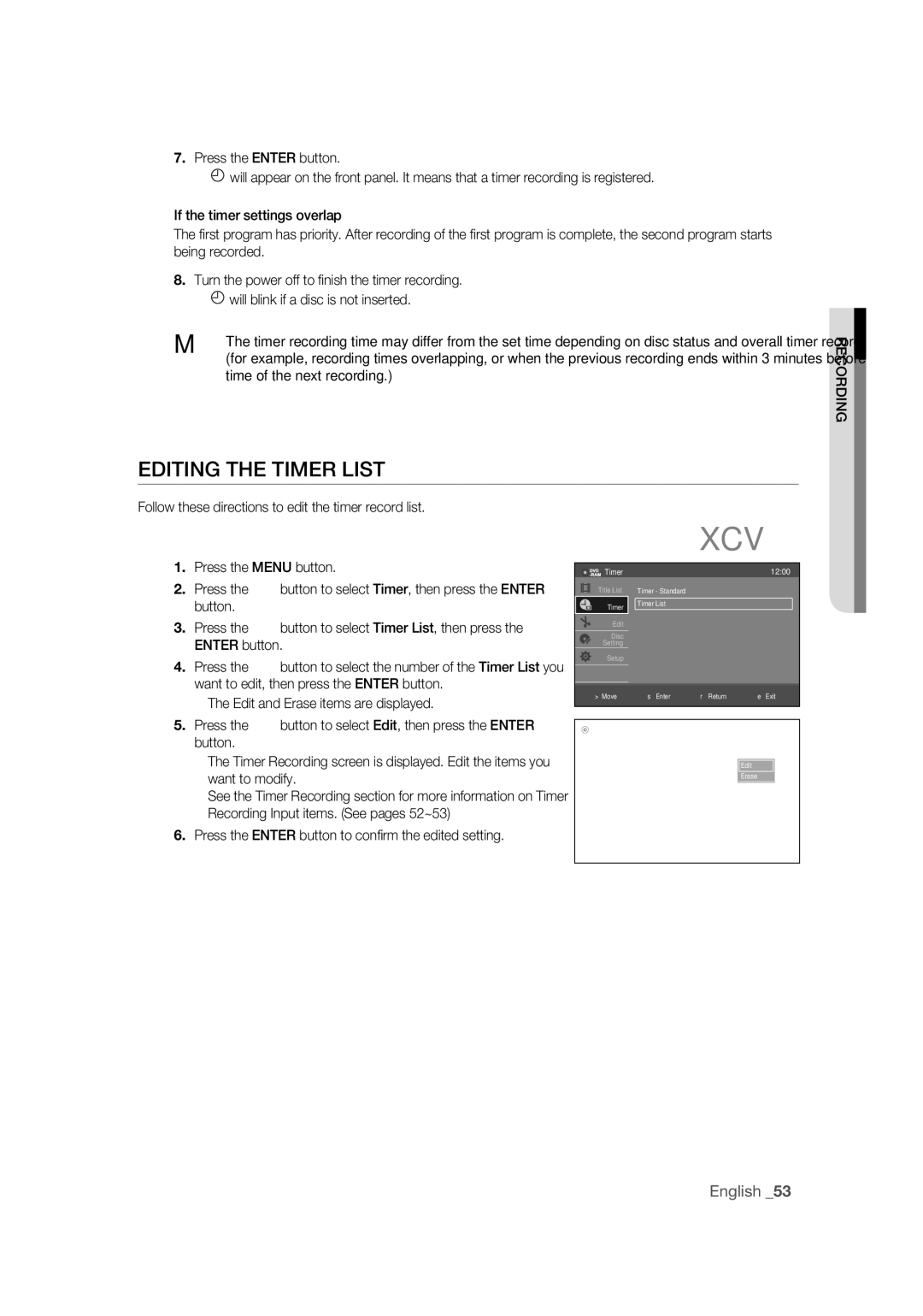 Samsung DVD-R170 user manual Editing the Timer List, Follow these directions to edit the timer record list 