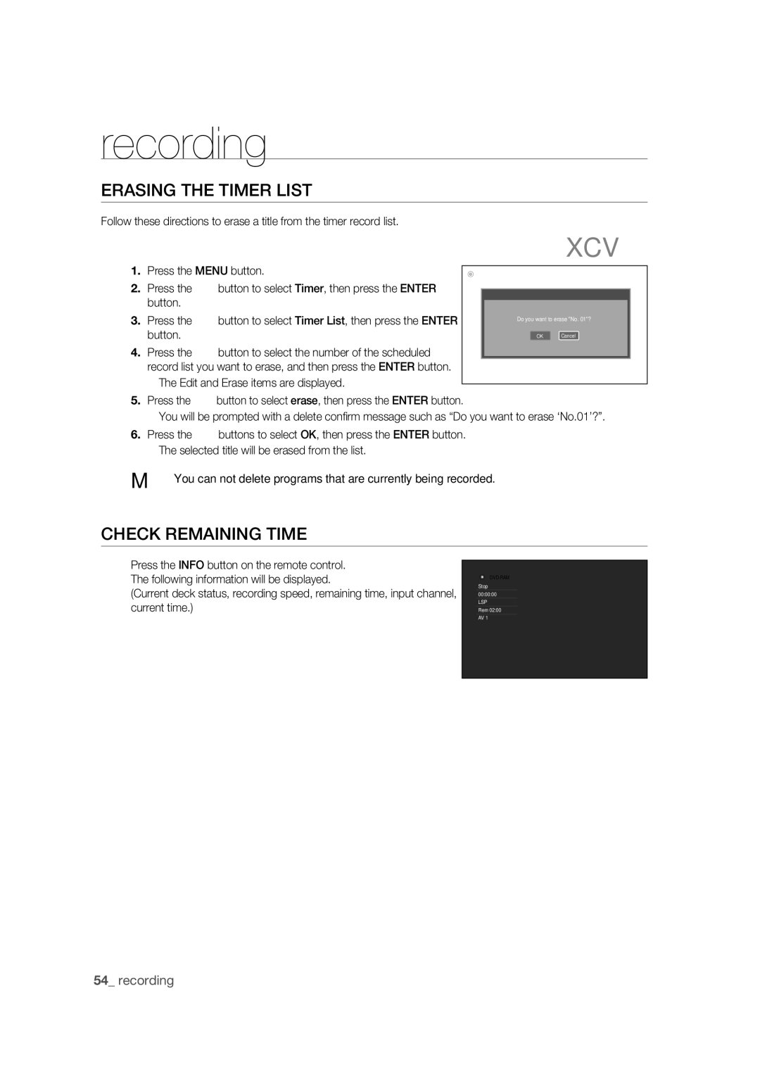 Samsung DVD-R170 Erasing the Timer List, Check Remaining Time, Press the Menu button, Edit and Erase items are displayed 