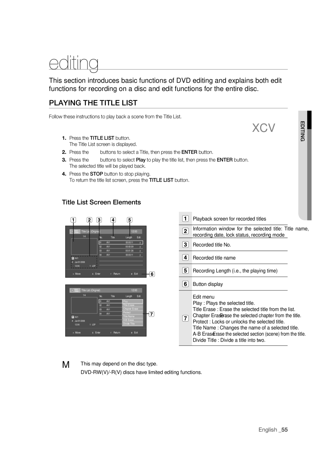 Samsung DVD-R170 user manual Playing the Title List, Title List Screen Elements, Editing 