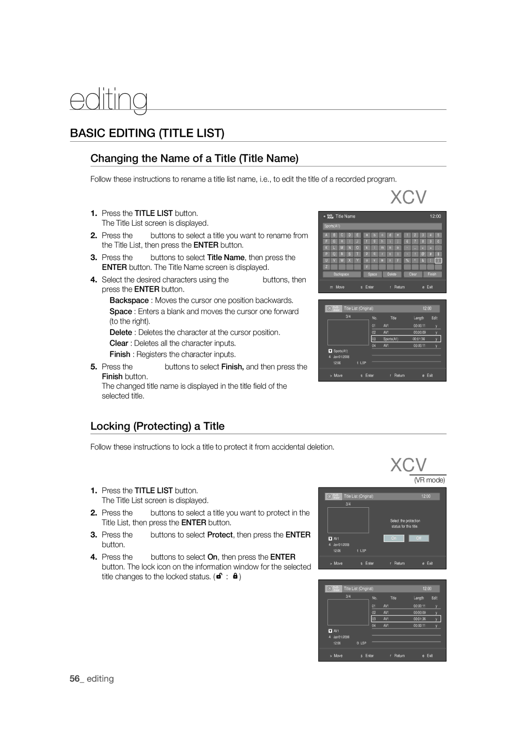 Samsung DVD-R170 user manual Basic Editing Title List, Changing the Name of a Title Title Name, Locking Protecting a Title 