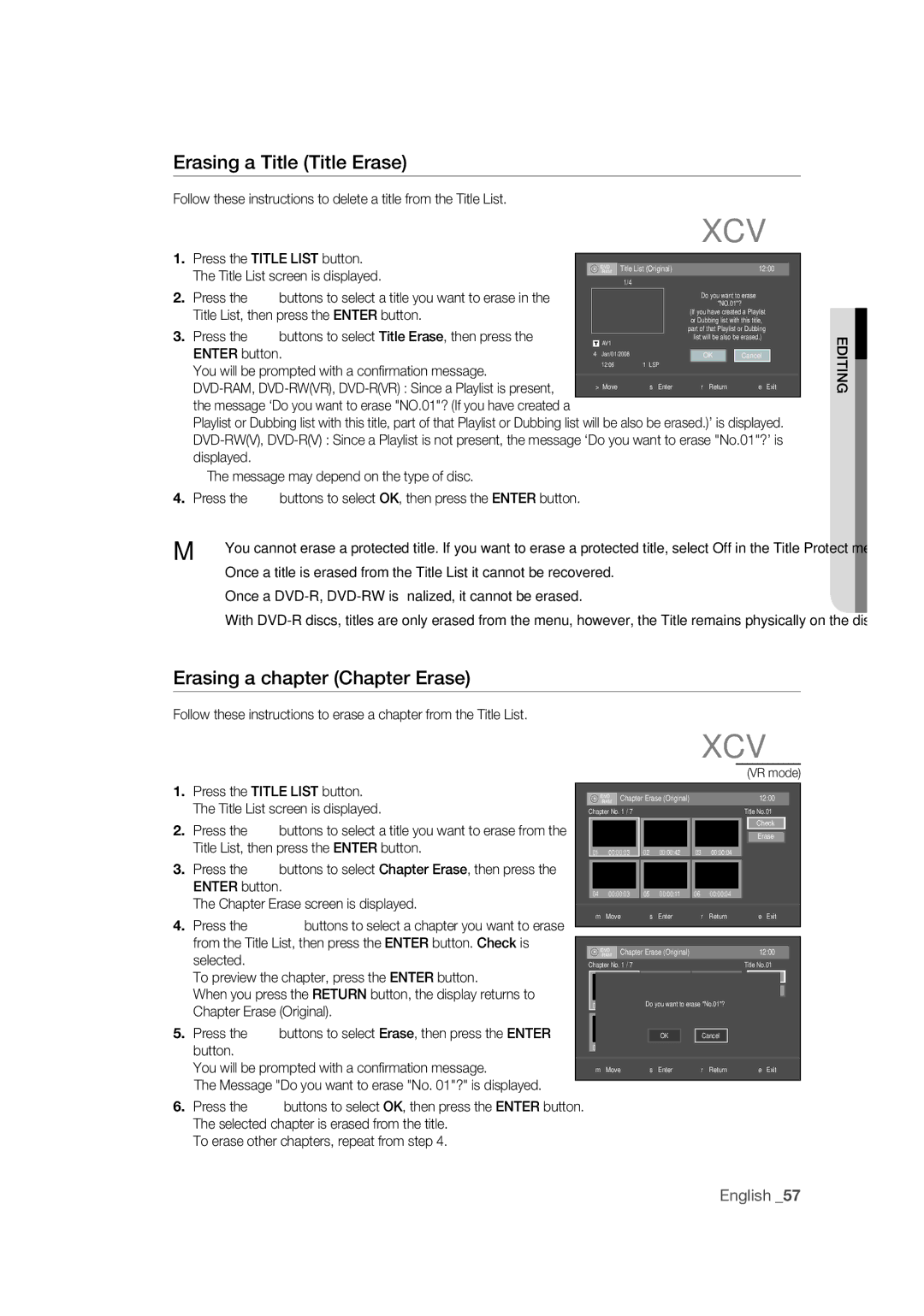 Samsung DVD-R170 Erasing a Title Title Erase, Erasing a chapter Chapter Erase, Title List, then press the Enter button 