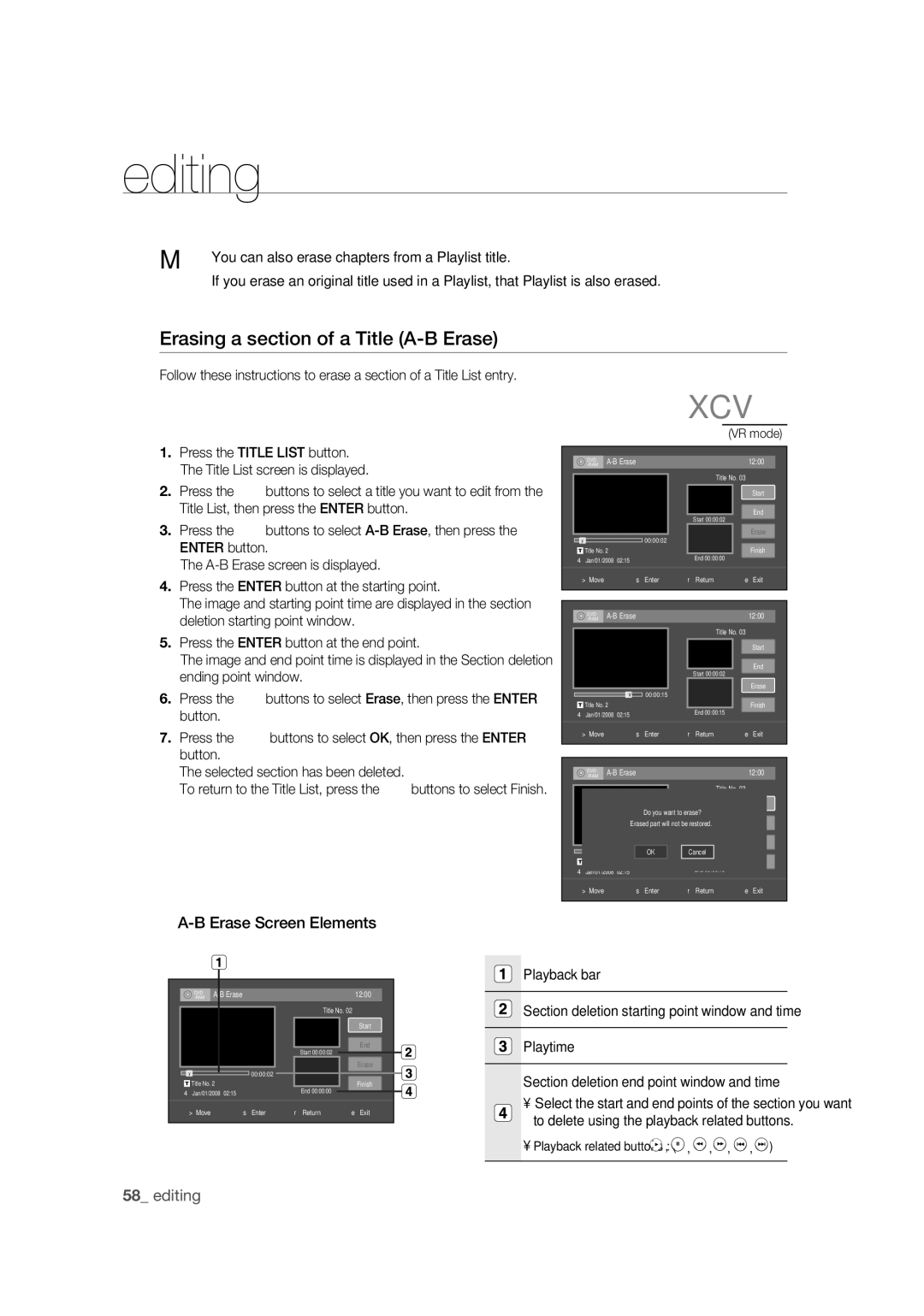 Samsung DVD-R170 user manual Erasing a section of a Title A-B Erase, Erase Screen Elements 