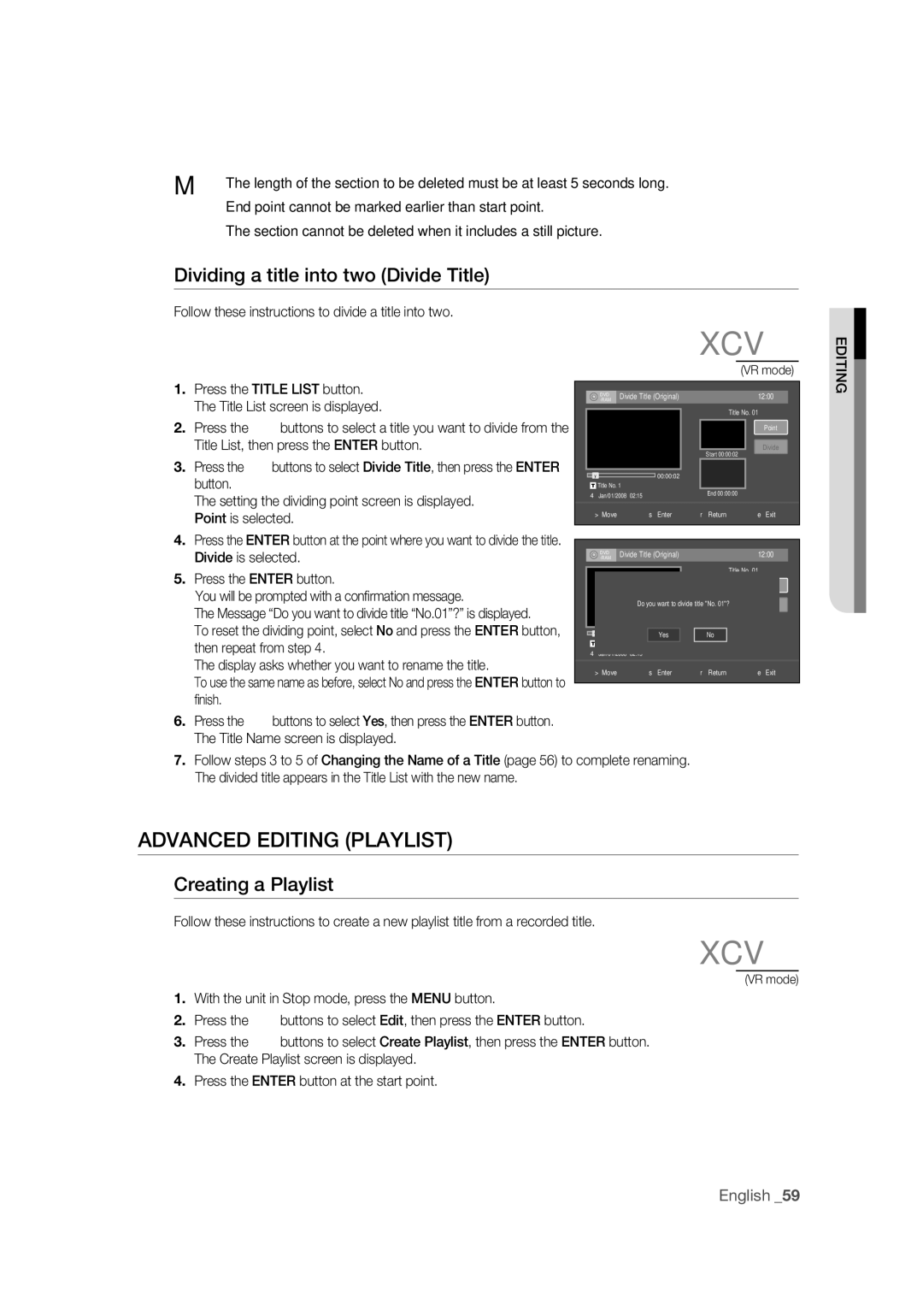 Samsung DVD-R170 user manual Advanced Editing Playlist, Dividing a title into two Divide Title, Creating a Playlist 