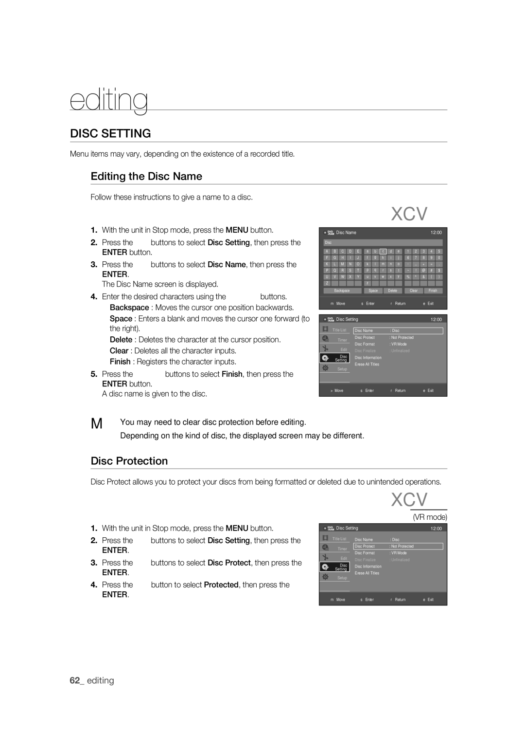 Samsung DVD-R170 user manual Disc Setting, Editing the Disc Name, Disc Protection, Enter 