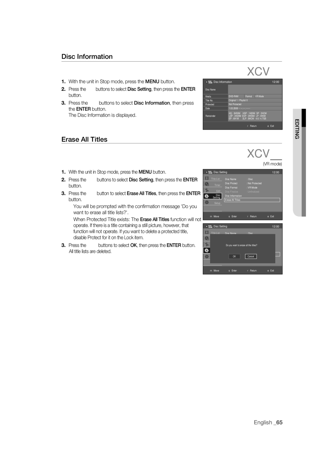 Samsung DVD-R170 user manual Disc Information, Erase All Titles 