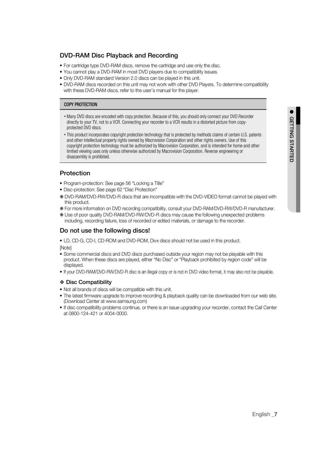 Samsung DVD-R170 DVD-RAM Disc Playback and Recording, Protection, Do not use the following discs, Disc Compatibility 