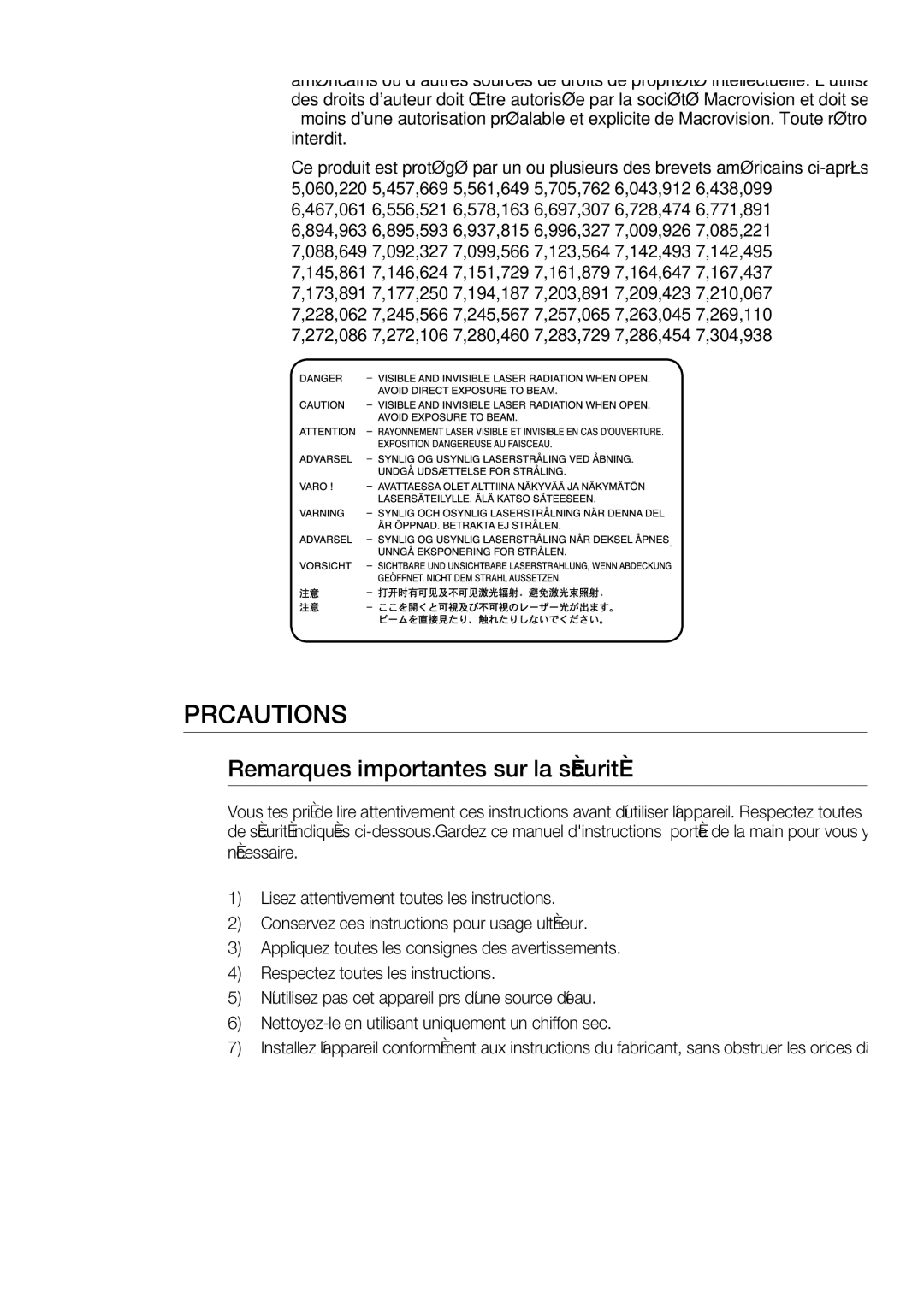 Samsung DVD-R170 user manual Précautions, Remarques importantes sur la sécurité 