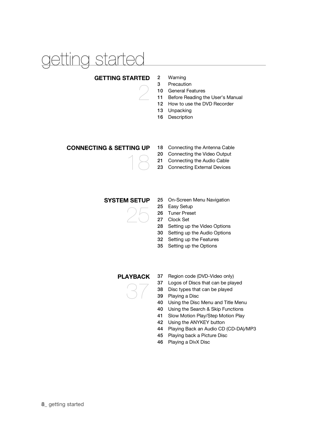 Samsung DVD-R170 user manual Getting Started 2 Warning 