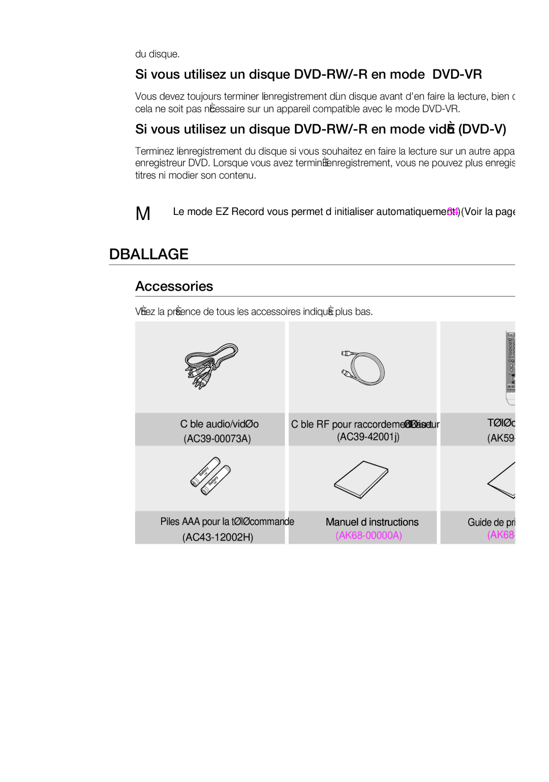 Samsung DVD-R170 user manual Déballage, Accessories, Si vous utilisez un disque DVD-RW/-R en mode DVD-VR 