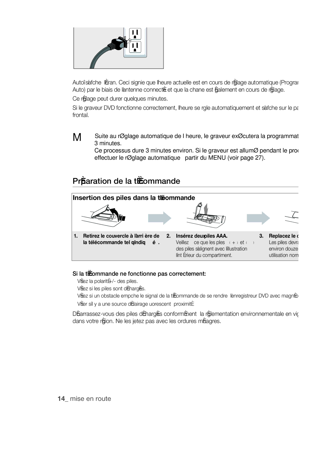 Samsung DVD-R170 user manual Branchement du cordon électrique, Préparation de la télécommande, ’intérieur du compartiment 