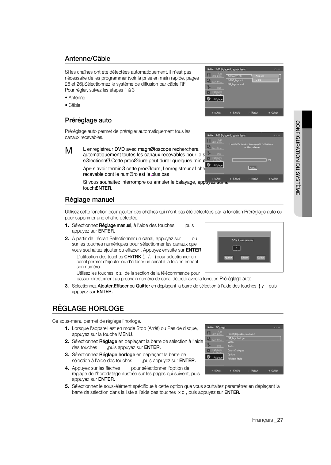 Samsung DVD-R170 user manual Réglage Horloge, Antenne/Câble, Préréglage auto, Réglage manuel 