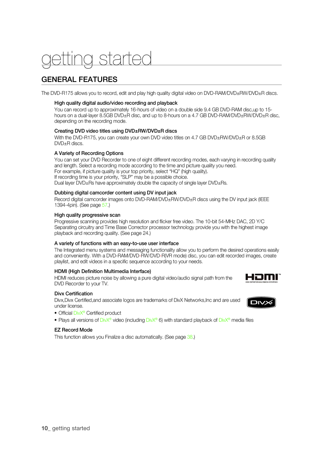 Samsung DVD-R175 user manual General Features 