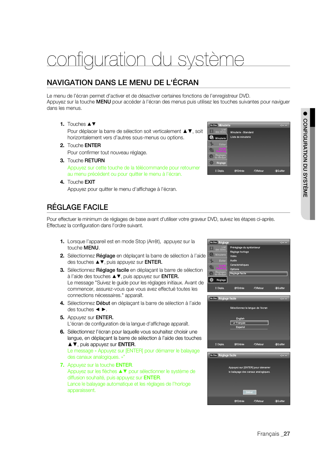 Samsung DVD-R175 Conﬁ guration du système, Navigation Dans LE Menu DE Lécran, Réglage Facile, Configuration DU Système 